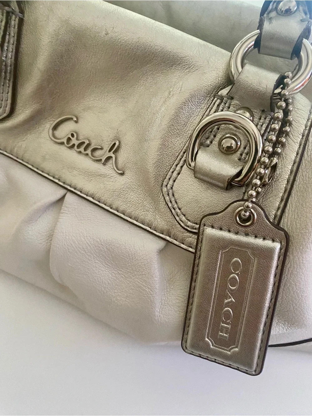 Coach Ashley Cream/Silver Leather Satchel with Convertible Straps